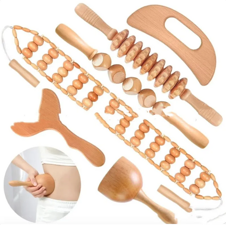 Natural Birchwood Manual Body Massage Roller Set