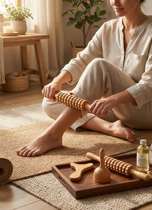 Natural Birchwood Manual Body Massage Roller Set