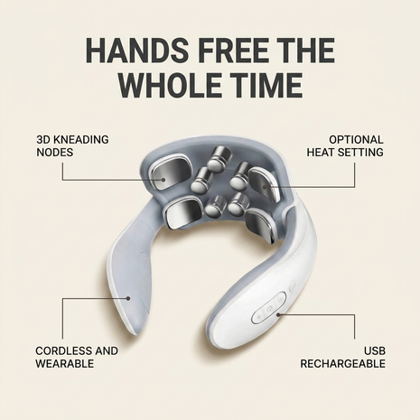 Wearable neck massager hero: 3D kneading nodes, optional heat setting, cordless and wearable, USB rechargeable