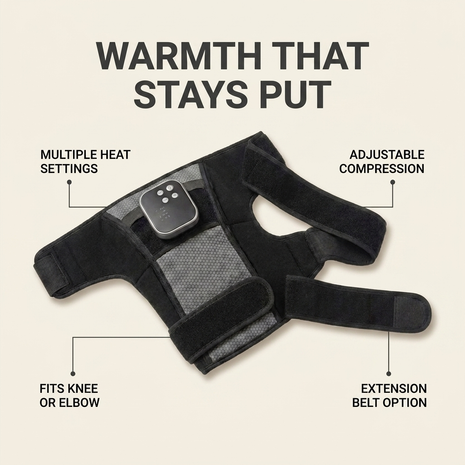 Heated knee and elbow wrap hero: multiple heat settings, adjustable compression, fits knee or elbow, extension belt option