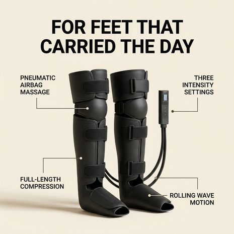 Foot and leg compression massager hero: pneumatic airbag massage, three intensity settings, full-length compression with straps, rolling wave motion