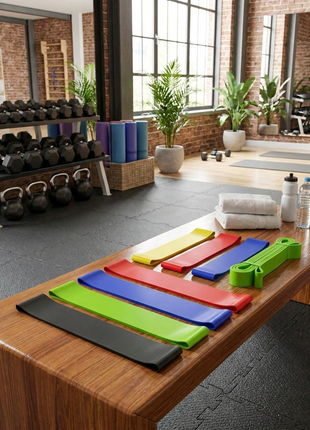 5-level resistance band set laid out on a gym bench